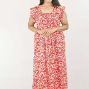 BDROX Red Maxi Nighty Square Neck Short Sleeves with pleats