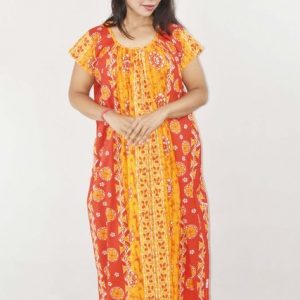 BDROX Yellow Maxi Nighty Square Neck Short Sleeves with pleats