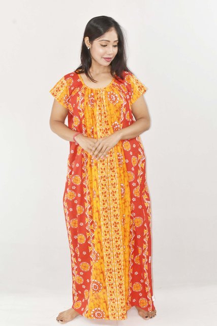 BDROX Yellow Maxi Nighty Square Neck Short Sleeves with pleats