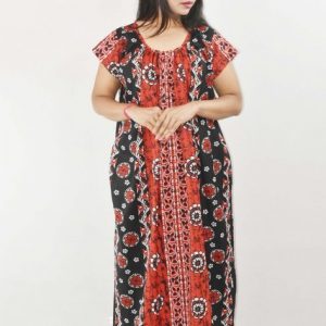 Red Maxi Nighty Square Neck Short Sleeves with pleats