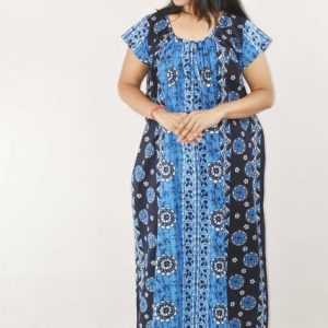 Blue Maxi Nighty Square Neck Short Sleeves with pleats