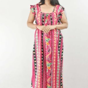 Pink Maxi Nighty Square Neck Short Sleeves with pleats
