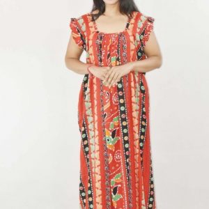 Red Maxi Nighty Square Neck Short Sleeves with pleats