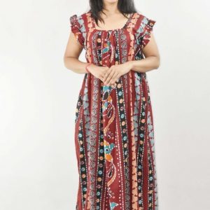 Maroon Maxi Nighty Square Neck Short Sleeves with pleats