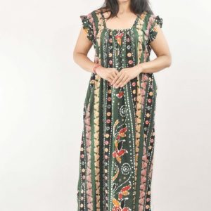 Green Maxi Nighty Square Neck Short Sleeves with pleats