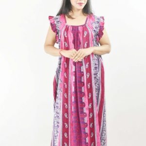 BDROX Pink Maxi Nighty Square Neck Short Sleeves with pleats