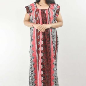 Red Maxi Nighty Square Neck Short Sleeves with pleats