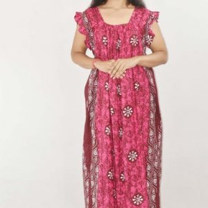Pink Maxi Nighty Square Neck Short Sleeves with pleats