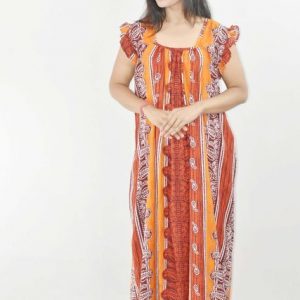 Yellow Maxi Nighty Square Neck Short Sleeves with pleats