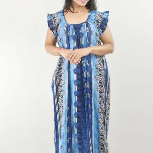 Blue Maxi Nighty Square Neck Short Sleeves with pleats