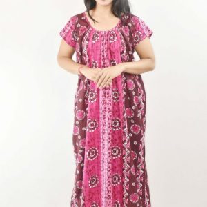 Pink Maxi Nighty Square Neck Short Sleeves with pleats