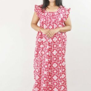 BDROX Pink Maxi Nighty Square Neck Short Sleeves with pleats