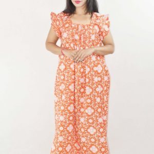Orange Maxi Nighty Square Neck Short Sleeves with pleats