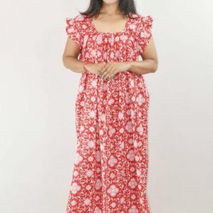 Red Maxi Nighty Square Neck Short Sleeves with pleats