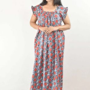 BDROX Red Maxi Nighty Square Neck Short Sleeves with pleats