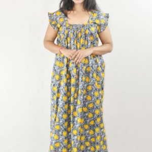 Yellow Maxi Nighty Square Neck Short Sleeves with pleats