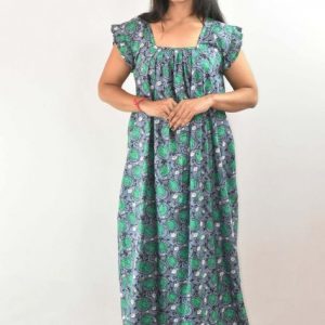 Pink Maxi Nighty Square Neck Short Sleeves with pleats