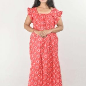 BDROX Red Maxi Nighty Square Neck Short Sleeves with pleats