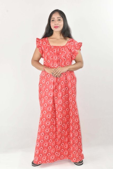 BDROX Red Maxi Nighty Square Neck Short Sleeves with pleats