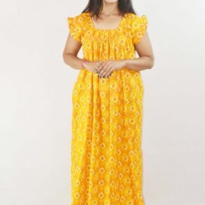Yellow Maxi Nighty Square Neck Short Sleeves with pleats