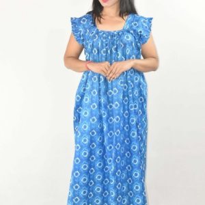 Blue Maxi Nighty Square Neck Short Sleeves with pleats
