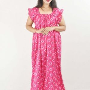 Pink Maxi Nighty Square Neck Short Sleeves with pleats