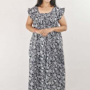 BDROX Blue Maxi Nighty Square Neck Short Sleeves with pleats