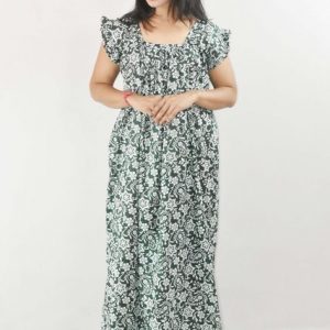Green Maxi Nighty Square Neck Short Sleeves with pleats