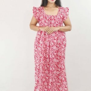 Pink Maxi Nighty Square Neck Short Sleeves with pleats