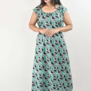 Green Maxi Nighty Square Neck Short Sleeves with pleats