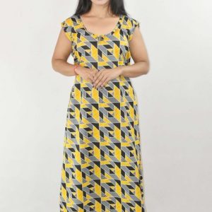 Yellow Maxi Nighty Square Neck Short Sleeves with pleats