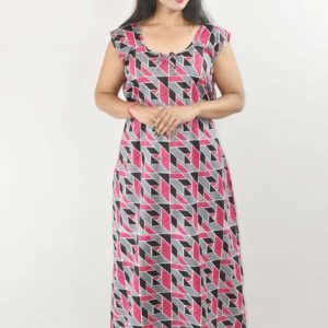 Pink Maxi Nighty Square Neck Short Sleeves with pleats