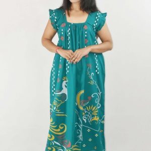 BDROX Mint Green Maxi Nighty Square Neck Short Sleeves with pleats