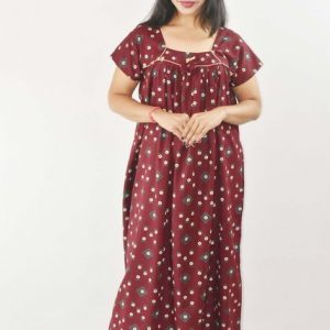Maroon Maxi Nighty Square Neck Short Sleeves with Pipien