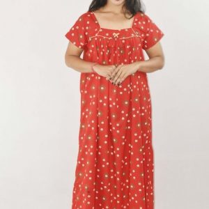 Red Maxi Nighty Square Neck Short Sleeves with Pipien