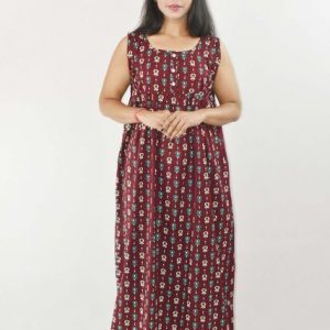 BDROX Maroon Cotton Maxi Nighty Round Neck & Sleeveless With Button