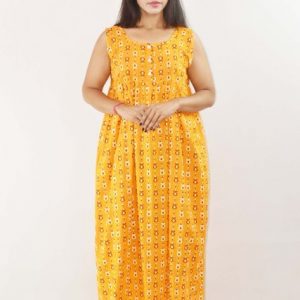 Yellow Cotton Maxi Nighty Round Neck & Sleeveless With Button