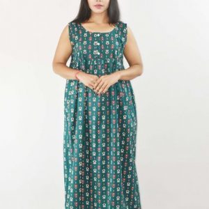 Green Cotton Maxi Nighty Round Neck & Sleeveless With Button