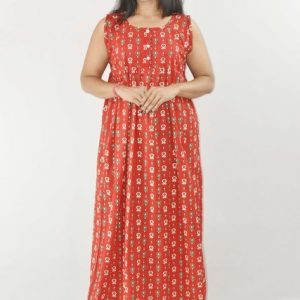 Red Cotton Maxi Nighty Round Neck & Sleeveless With Button