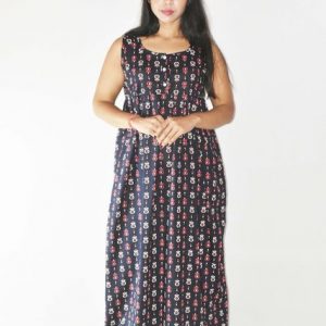 Blue Cotton Maxi Nighty Round Neck & Sleeveless With Button