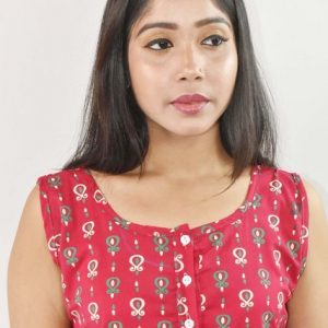 Pink Cotton Maxi Nighty Round Neck & Sleeveless With Button