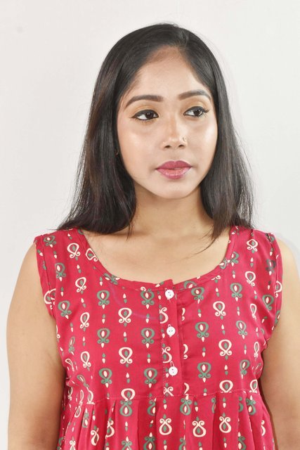 Pink Cotton Maxi Nighty Round Neck & Sleeveless With Button