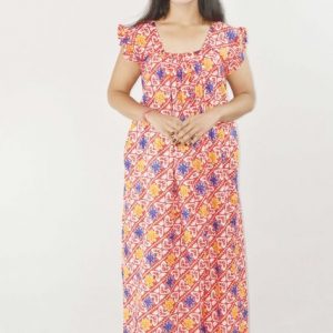 BDROX Red Maxi Nighty Square Neck Short Sleeves with pleats