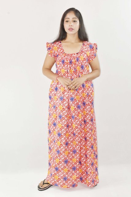 BDROX Red Maxi Nighty Square Neck Short Sleeves with pleats