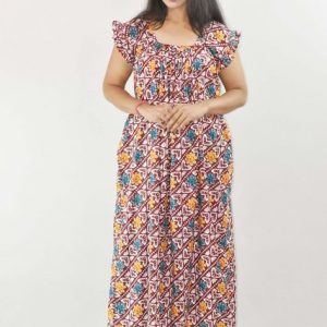 Maroon Maxi Nighty Square Neck Short Sleeves with pleats