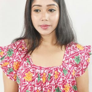 Pink Maxi Nighty Square Neck Short Sleeves with pleats