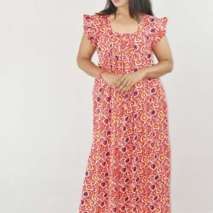 BDROX Red Maxi Nighty Square Neck Short Sleeves with pleats