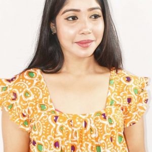 Yellow Maxi Nighty Square Neck Short Sleeves with pleats