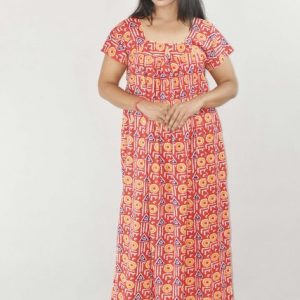 BDROX Red Maxi Nighty Square Neck Short Sleeves with Pipien