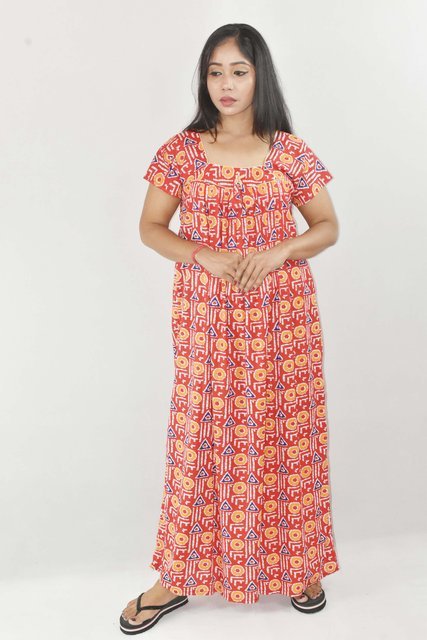 BDROX Red Maxi Nighty Square Neck Short Sleeves with Pipien